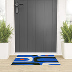 Mid Century Modern Piquet Retro Abstract Pattern in Bold Blue Black Orange Off White Welcome Mat Gallery Image 3