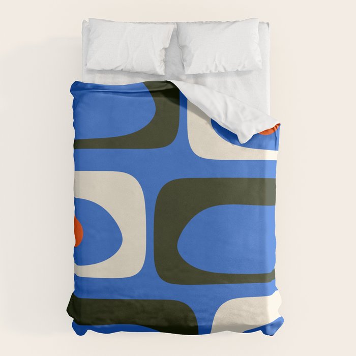 Mid Century Modern Piquet Retro Abstract Pattern in Bold Blue Black Orange Off White Duvet Cover Gallery Image 6