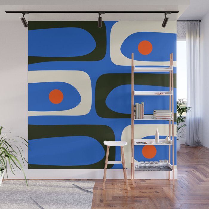Mid Century Modern Piquet Retro Abstract Pattern in Bold Blue Black Orange Off White Wall Mural Gallery Image 1