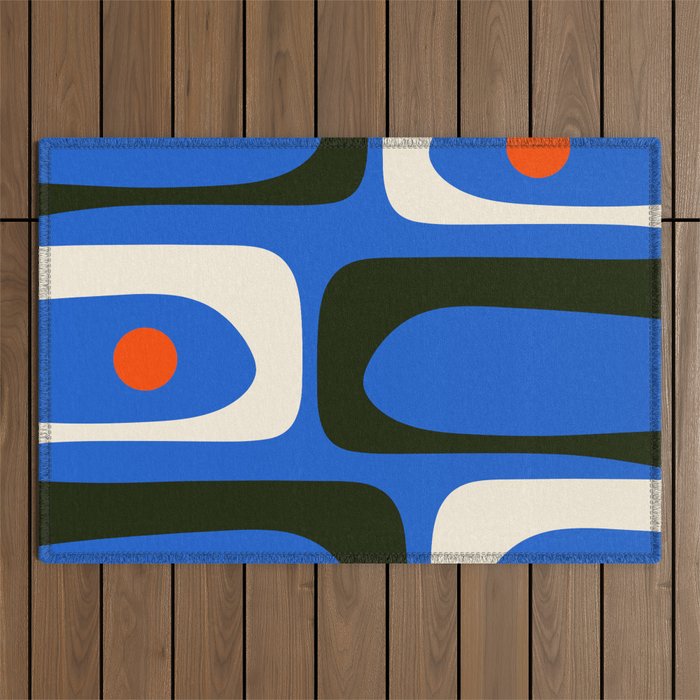 Mid Century Modern Piquet Retro Abstract Pattern in Bold Blue Black Orange Off White Outdoor Rug Gallery Image 1