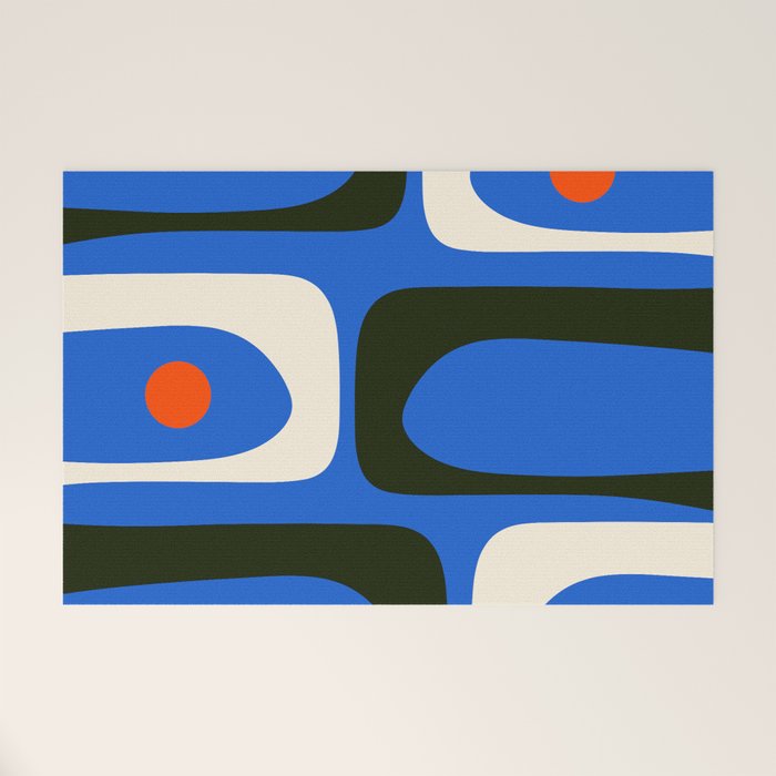 Mid Century Modern Piquet Retro Abstract Pattern in Bold Blue Black Orange Off White Welcome Mat Gallery Image 1