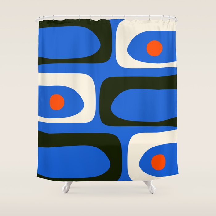 Mid Century Modern Piquet Retro Abstract Pattern in Bold Blue Black Orange Off White Shower Curtain Gallery Image 1