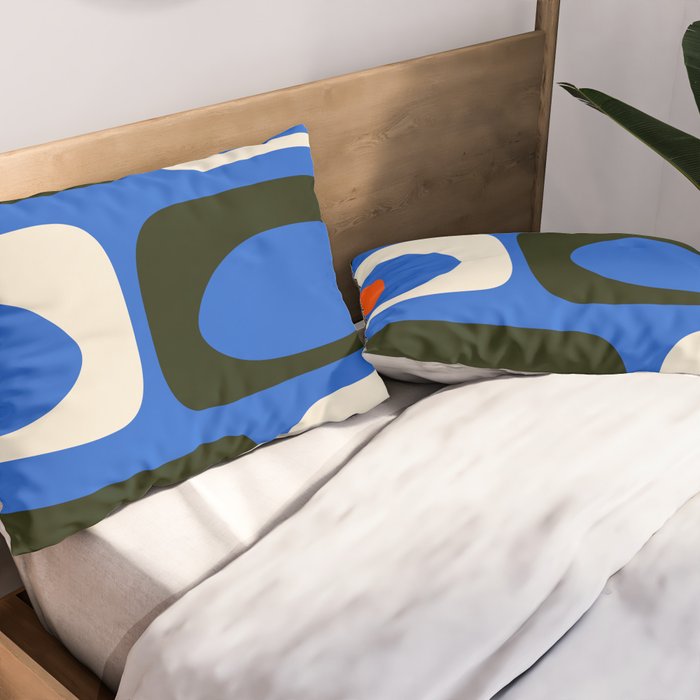 Mid Century Modern Piquet Retro Abstract Pattern in Bold Blue Black Orange Off White Pillow Sham Gallery Image 2