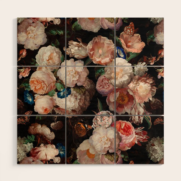Baroque Flemish Rose Flowers Night Garden Wood Wall Art Gallery Image 1
