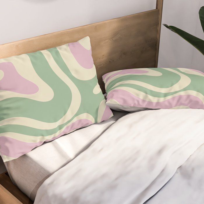 Modern Retro Liquid Swirl Abstract in Soft Pastel Lavender Pink Lime Green Cream Pillow Sham Gallery Image 2