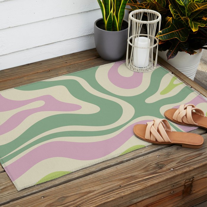 Modern Retro Liquid Swirl Abstract in Soft Pastel Lavender Pink Lime Green Cream Outdoor Rug Gallery Image 2