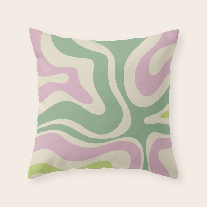 Modern Retro Liquid Swirl Abstract in Soft Pastel Lavender Pink Lime Green Cream Throw Pillow Gallery Image 1