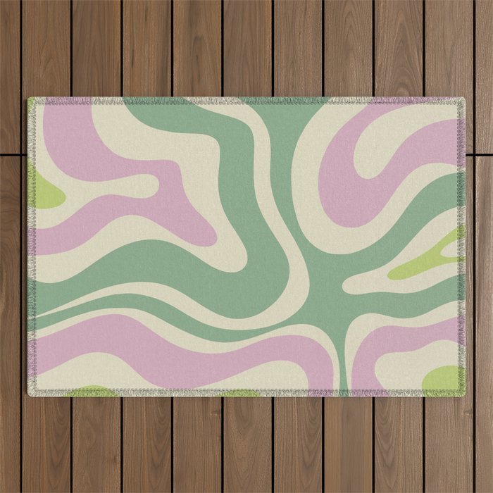 Modern Retro Liquid Swirl Abstract in Soft Pastel Lavender Pink Lime Green Cream Outdoor Rug Gallery Image 1
