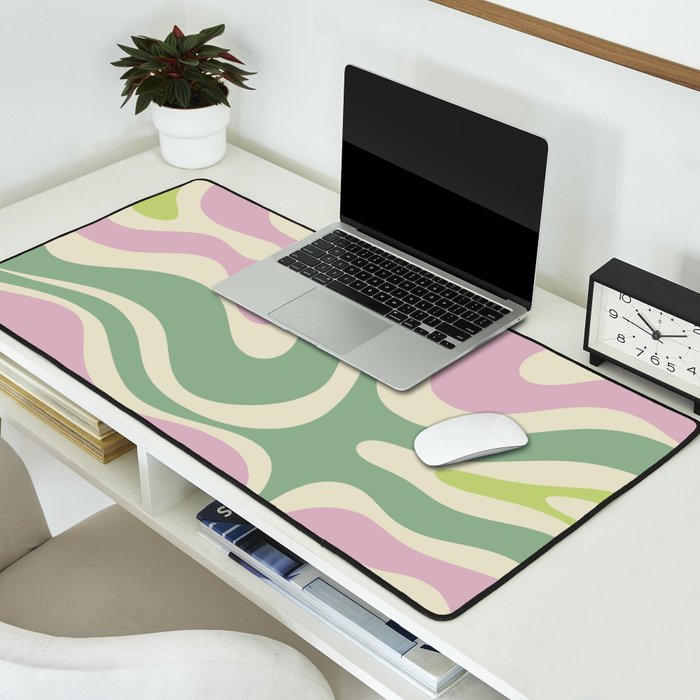 Modern Retro Liquid Swirl Abstract in Soft Pastel Lavender Pink Lime Green Cream Desk Mat Gallery Image 2
