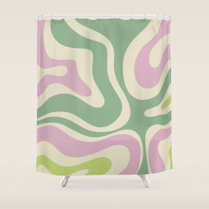 Modern Retro Liquid Swirl Abstract in Soft Pastel Lavender Pink Lime Green Cream Shower Curtain Gallery Image 1