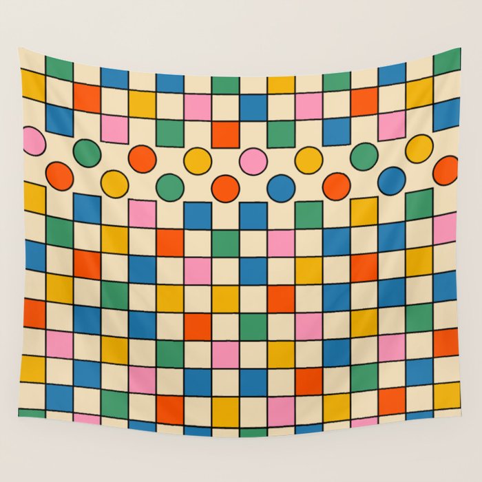 Pop Dots and Checks Colorful Retro Modern 80s 90s Checked Pattern Wall Tapestry Gallery Image 1