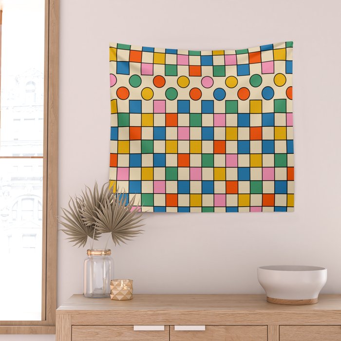 Pop Dots and Checks Colorful Retro Modern 80s 90s Checked Pattern Wall Tapestry Gallery Image 2