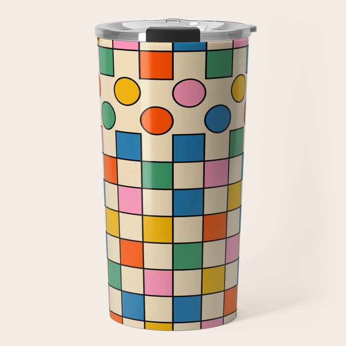 Pop Dots and Checks Colorful Retro Modern 80s 90s Checked Pattern Travel Mug Gallery Image 1