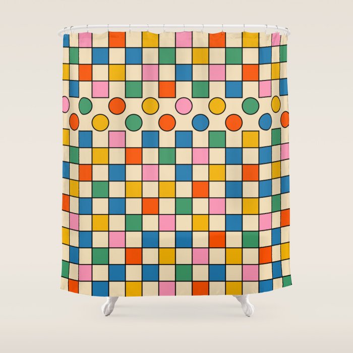 Pop Dots and Checks Colorful Retro Modern 80s 90s Checked Pattern Shower Curtain Gallery Image 1