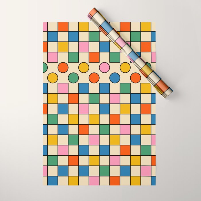 Pop Dots and Checks Colorful Retro Modern 80s 90s Checked Pattern Wrapping Paper Gallery Image 1