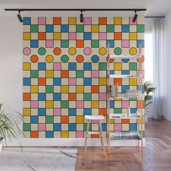 Pop Dots and Checks Colorful Retro Modern 80s 90s Checked Pattern Wall Mural Gallery Image 1