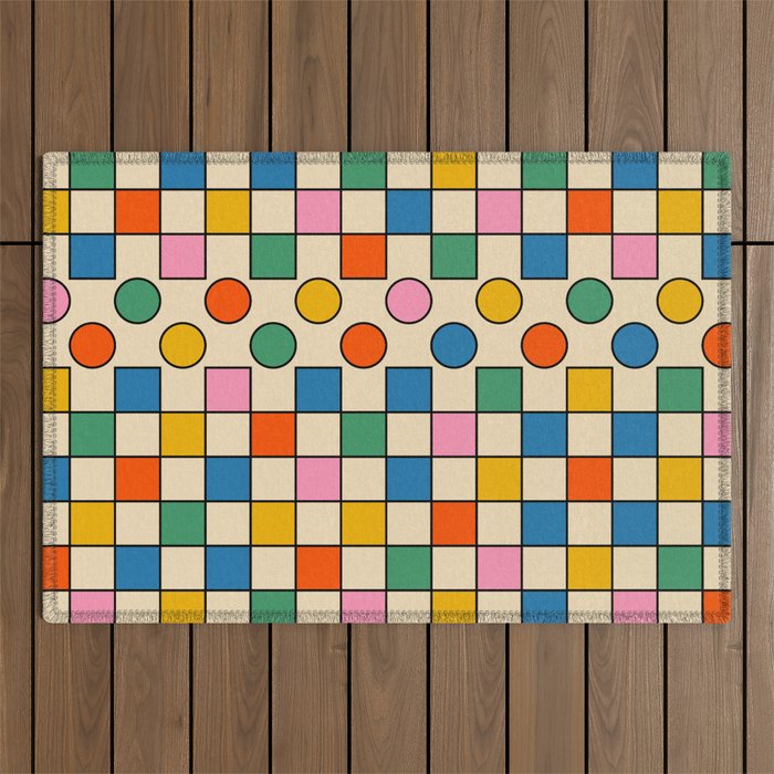 Pop Dots and Checks Colorful Retro Modern 80s 90s Checked Pattern Outdoor Rug Gallery Image 1