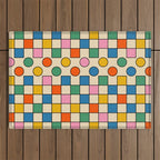 Pop Dots and Checks Colorful Retro Modern 80s 90s Checked Pattern Outdoor Rug Gallery Image 1