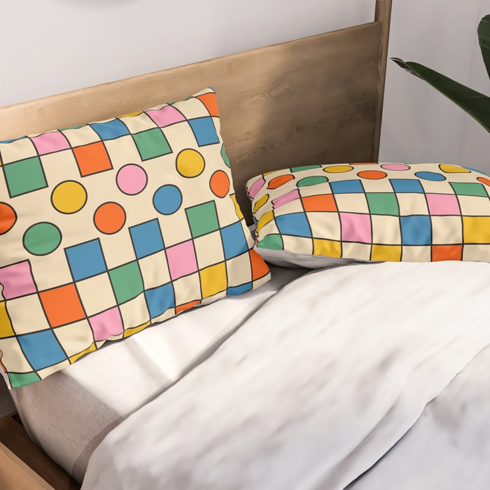 Pop Dots and Checks Colorful Retro Modern 80s 90s Checked Pattern Pillow Sham Gallery Image 2