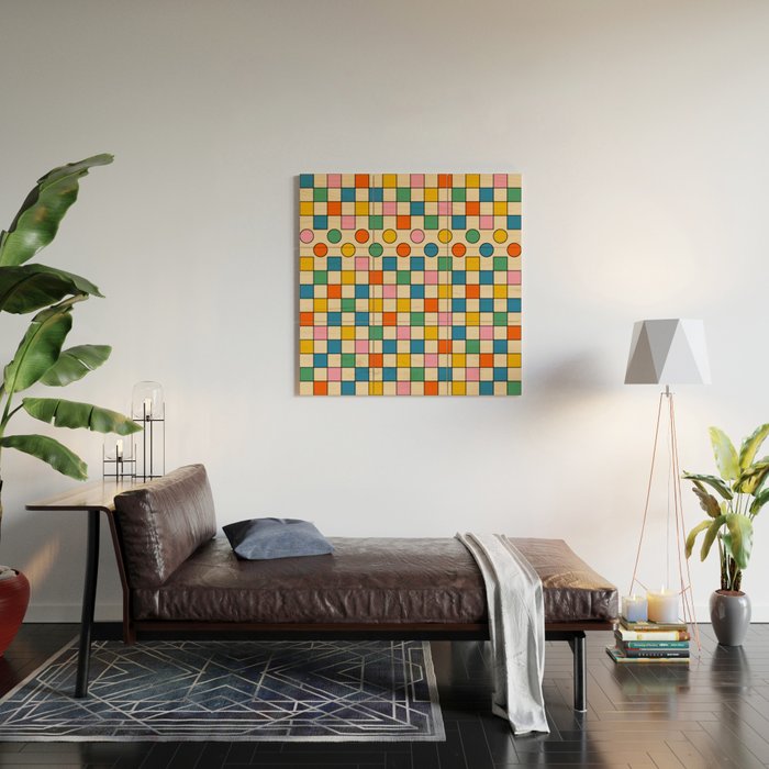 Pop Dots and Checks Colorful Retro Modern 80s 90s Checked Pattern Wood Wall Art Gallery Image 2