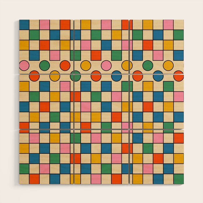 Pop Dots and Checks Colorful Retro Modern 80s 90s Checked Pattern Wood Wall Art Gallery Image 1