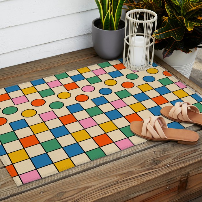 Pop Dots and Checks Colorful Retro Modern 80s 90s Checked Pattern Outdoor Rug Gallery Image 2