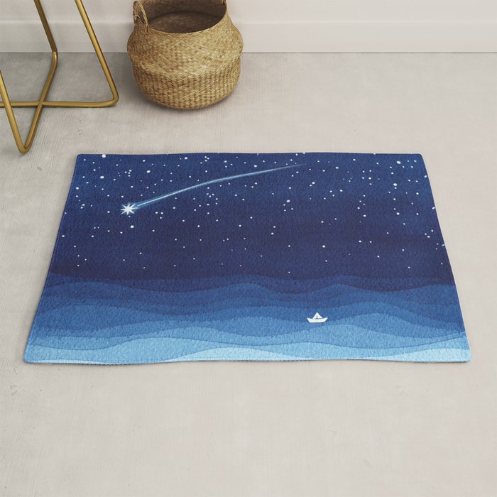 Falling star, shooting star, sailboat ocean waves blue sea Rug Gallery Image 1