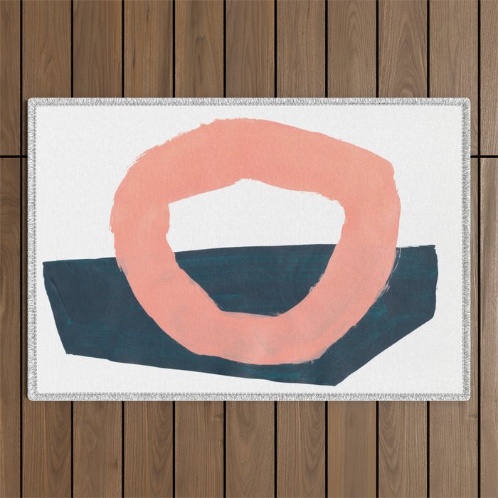 Mid Century Modern Abstract Minimalist Shapes Teal Blue Salmon Pink Outdoor Rug Gallery Image 1