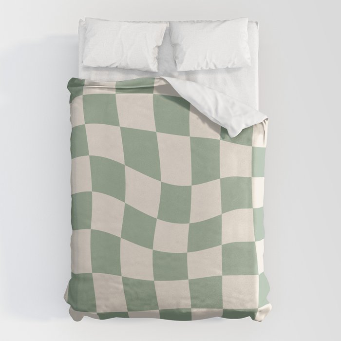 Sage Green Wavy Checkered Pattern Duvet Cover Gallery Image 6