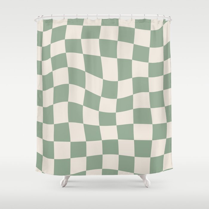 Sage Green Wavy Checkered Pattern Shower Curtain Gallery Image 1