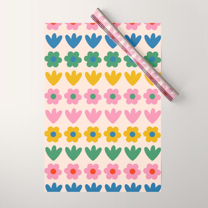 Spring Flower Stripes Cute and Cheerful Floral Pattern Pink Blue Green Mustard Yellow Wrapping Paper Gallery Image 1