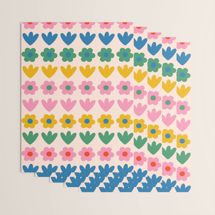 Spring Flower Stripes Cute and Cheerful Floral Pattern Pink Blue Green Mustard Yellow Wrapping Paper Gallery Image 3