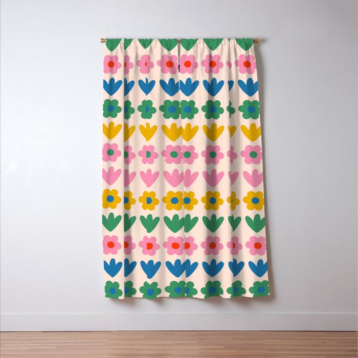 Spring Flower Stripes Cute and Cheerful Floral Pattern Pink Blue Green Mustard Yellow Window Curtain Gallery Image 3