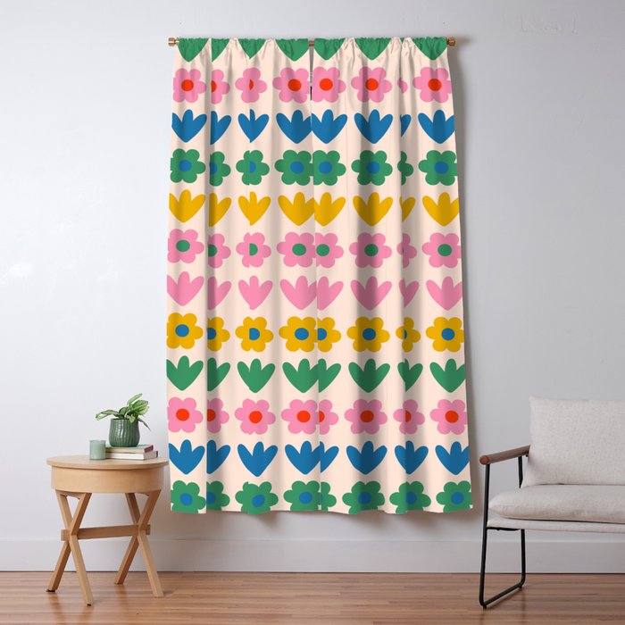 Spring Flower Stripes Cute and Cheerful Floral Pattern Pink Blue Green Mustard Yellow Window Curtain Gallery Image 5