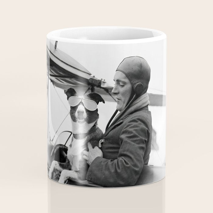 Woman Pilot and Dog, Black and White Vintage Art Coffee Mug Gallery Image 4