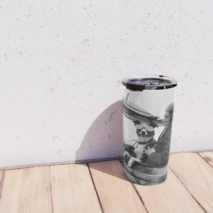 Woman Pilot and Dog, Black and White Vintage Art Travel Mug Gallery Image 4