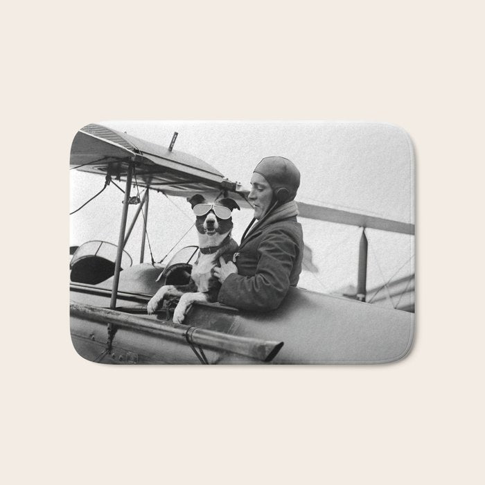 Woman Pilot and Dog, Black and White Vintage Art Bath Mat Gallery Image 1
