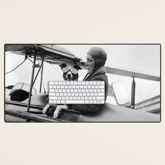Woman Pilot and Dog, Black and White Vintage Art Desk Mat Gallery Image 1