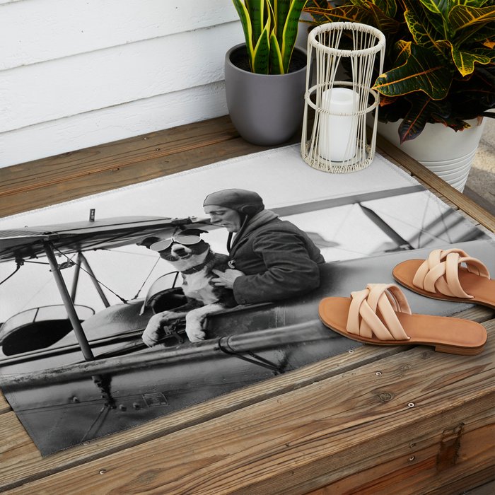 Woman Pilot and Dog, Black and White Vintage Art Outdoor Rug Gallery Image 2