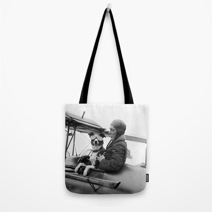 Woman Pilot and Dog, Black and White Vintage Art Tote Bag Gallery Image 2