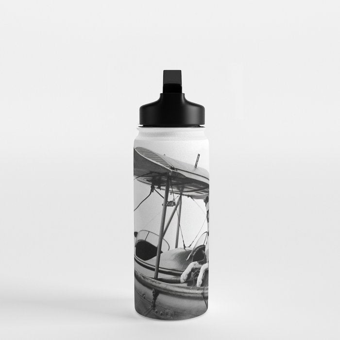 Woman Pilot and Dog, Black and White Vintage Art Water Bottle Gallery Image 3