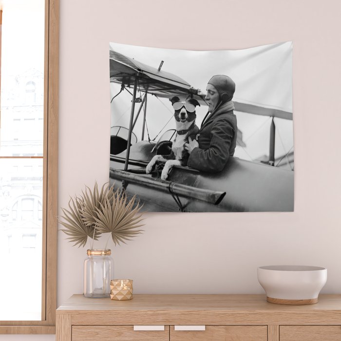 Woman Pilot and Dog, Black and White Vintage Art Wall Tapestry Gallery Image 2