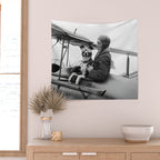 Woman Pilot and Dog, Black and White Vintage Art Wall Tapestry Gallery Image 2