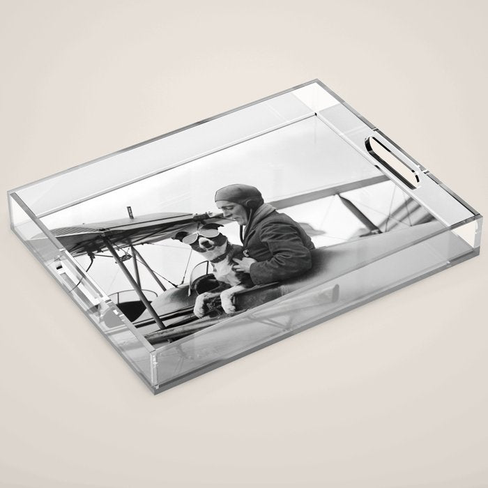 Woman Pilot and Dog, Black and White Vintage Art Acrylic Tray Gallery Image 1