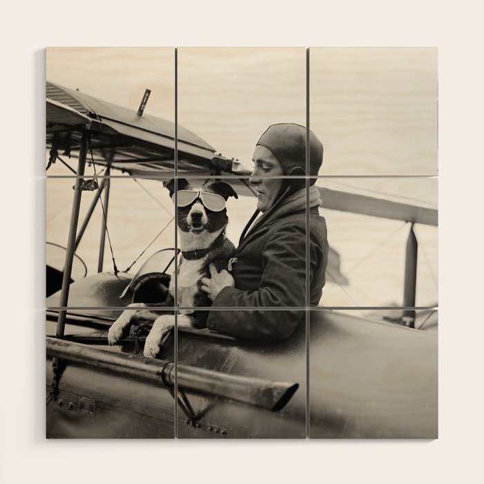 Woman Pilot and Dog, Black and White Vintage Art Wood Wall Art Gallery Image 1