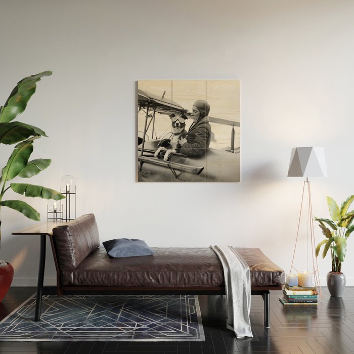 Woman Pilot and Dog, Black and White Vintage Art Wood Wall Art Gallery Image 2
