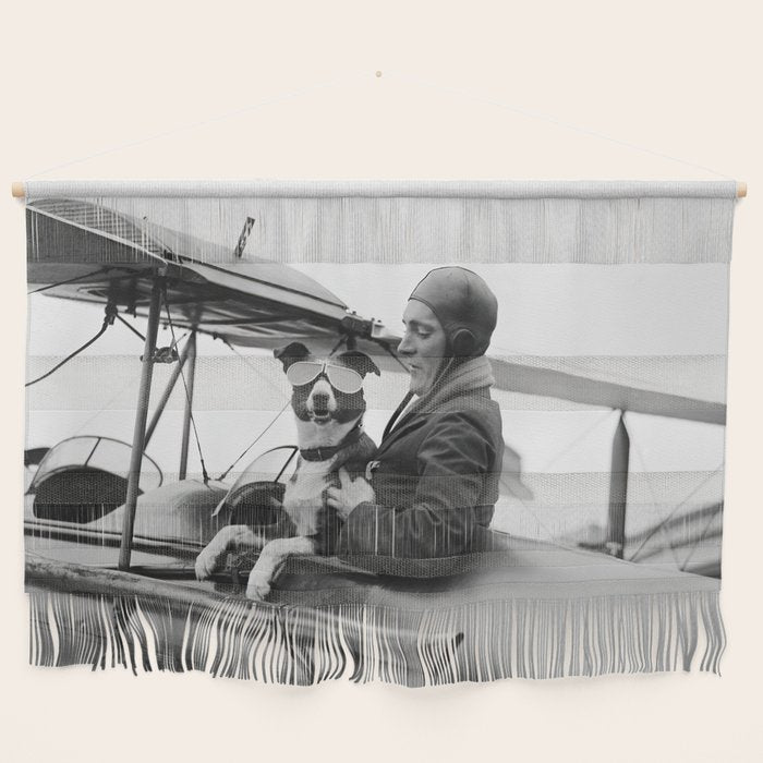 Woman Pilot and Dog, Black and White Vintage Art Wall Hanging Gallery Image 1