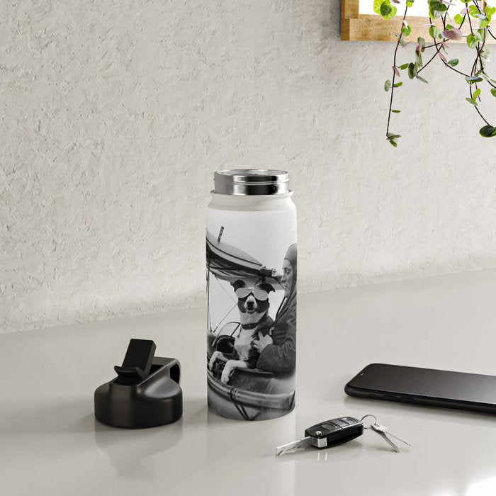 Woman Pilot and Dog, Black and White Vintage Art Water Bottle Gallery Image 4