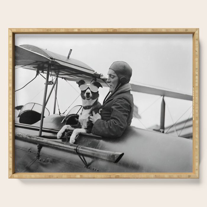 Woman Pilot and Dog, Black and White Vintage Art Serving Tray Gallery Image 1