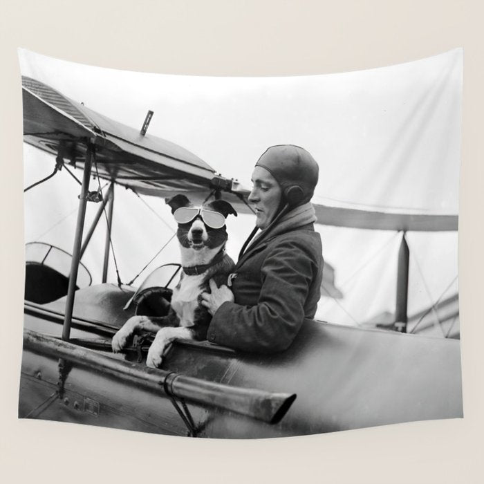 Woman Pilot and Dog, Black and White Vintage Art Wall Tapestry Gallery Image 1